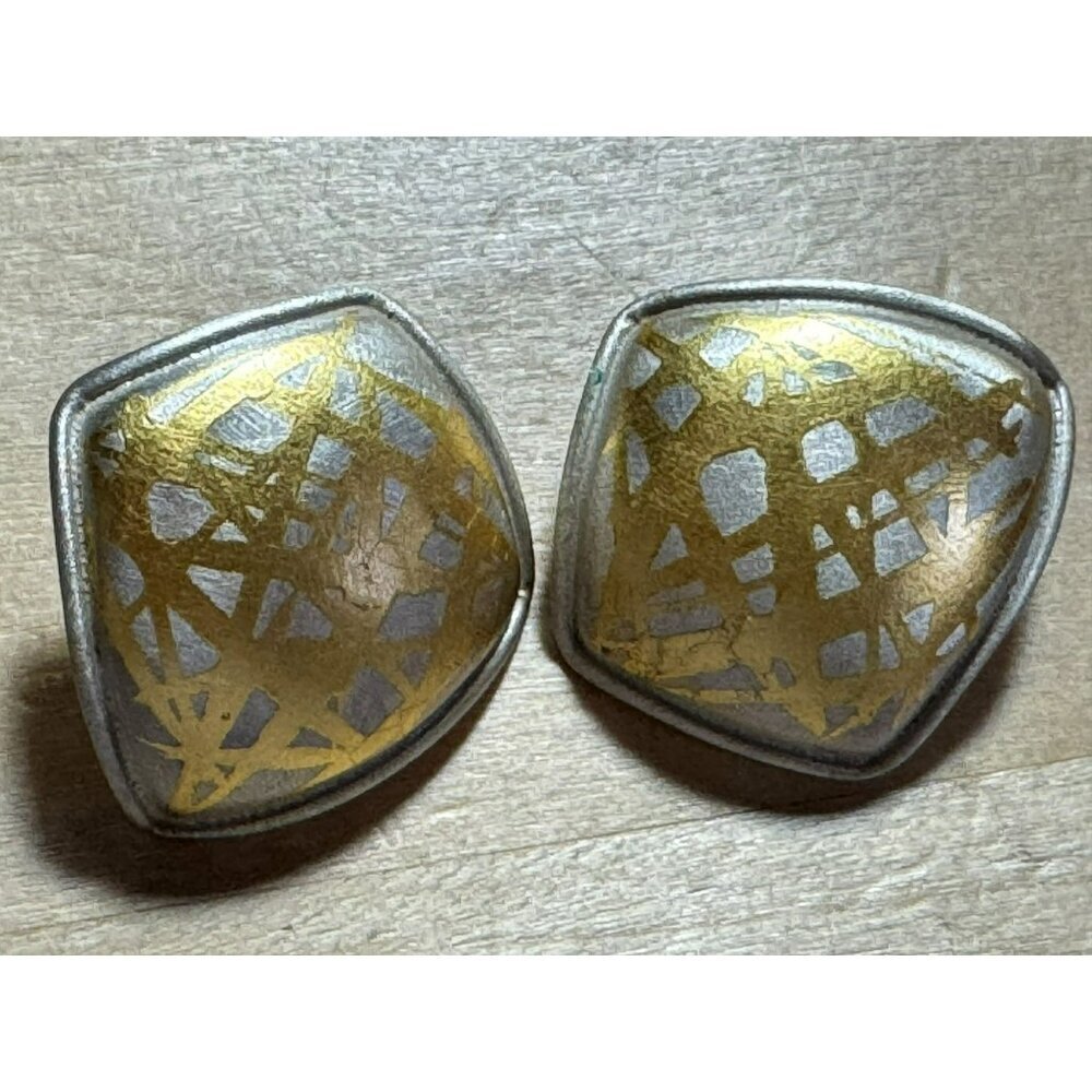 Handcrafted Signed Designer 2-Tone Matte SS Modern Assymetrial Pierced Earrings
